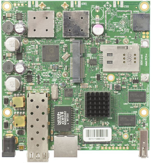 RouterBOARD 922UAGS with 720MHz Atheros CPU, 128MB RAM, 1xGigabit LAN, USB, 1xSFP, miniPCIe, SIM slot, built-in 5Ghz 802.11a/c 2x2 two chain wireless, 2xMMCX connectors