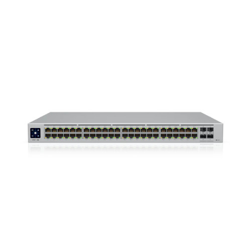 The USW-Pro-48-POE is a configurable Gigabit Layer2 and Layer3 switch with auto-sensing 802.3at PoE+ and 802.3bt PoE++. Forty PoE+ and eight PoE++ RJ45 ethernet ports have total 600W PoE budget, and four SFP+ ports offer 10Gbps uplink options