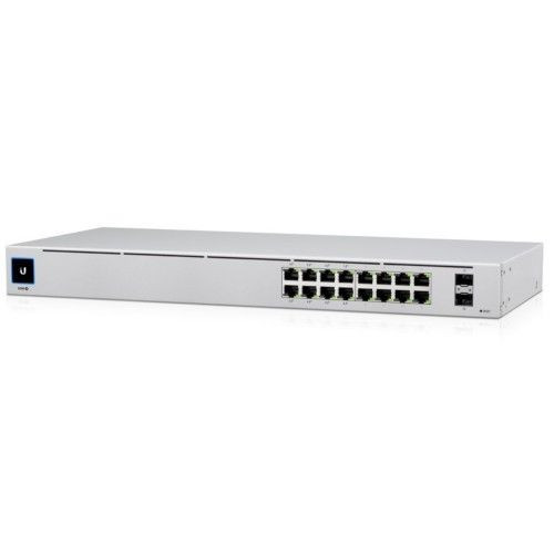 The USW-16-POE is a configurable Gigabit Layer 2 switch with sixteen Gigabit Ethernet ports including eight auto-sensing 802.3at PoE+ ports, and two SFP ports. It provides Gigabit PoE links to your RJ45 Ethernet devices and Gigabit fiber uplink 