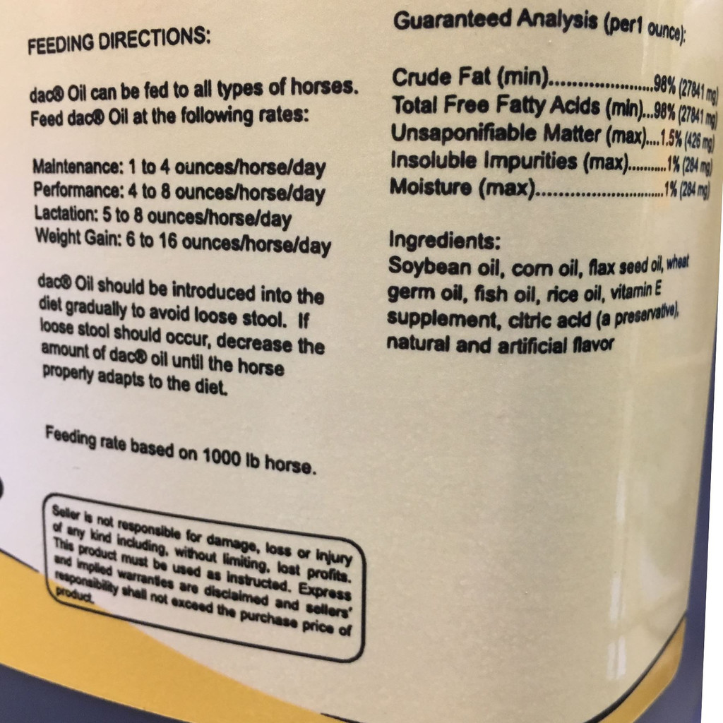 DAC fatty acid supplement for horses label