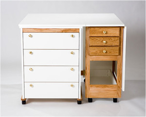 Tracey's Tables Cutting Combo featuring a 3-drawer Cutting Table with a 72" x 40" workspace and a 4-drawer Hide-A-Way, available in multiple finishes and adjustable heights.