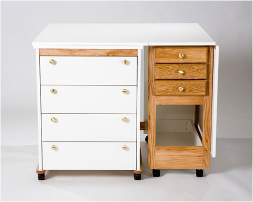 Tracey's Tables Cutting Combo featuring a 3-drawer Cutting Table with a 72" x 40" workspace and a 4-drawer Hide-A-Way, available in multiple finishes and adjustable heights.