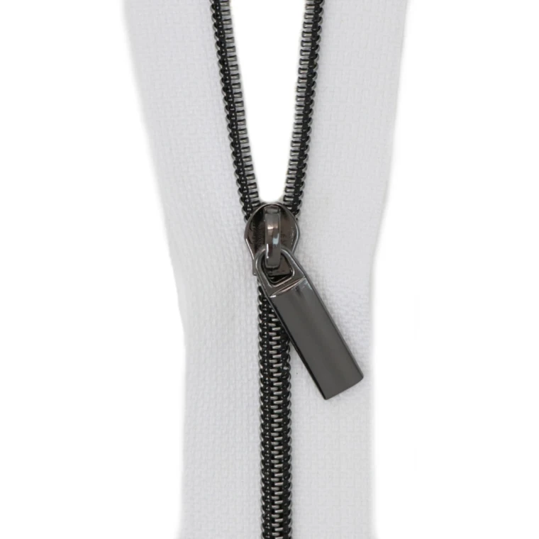 White #3 Nylon Gunmetal Coil Zippers: 3 Yards with 9 Pulls