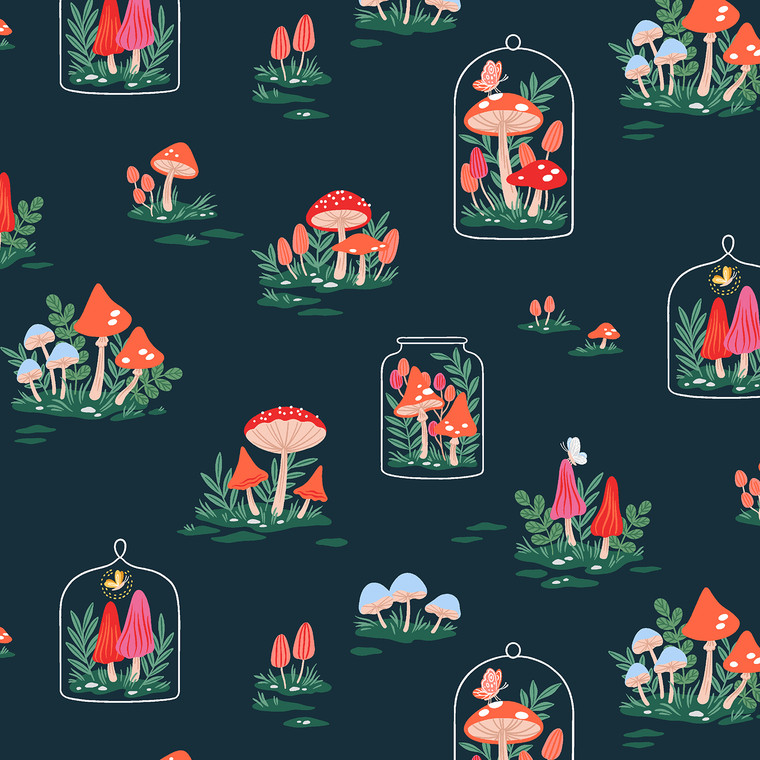 Mushroom Garden -Garden and Globe - Midnight Fabric