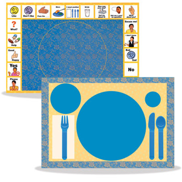 Illustrated placements help with requesting and conversation at meal times.