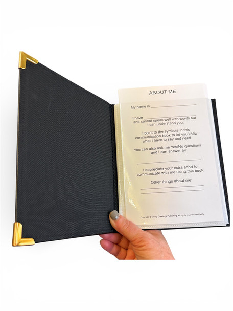 Communication Boards for Adults fit into a handy 6"x8" album to take with you.