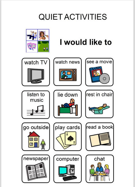 Sample choice board for quiet activities, large images, large print