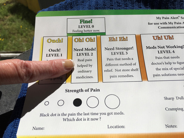 Back side of My Pain Alert Scale card