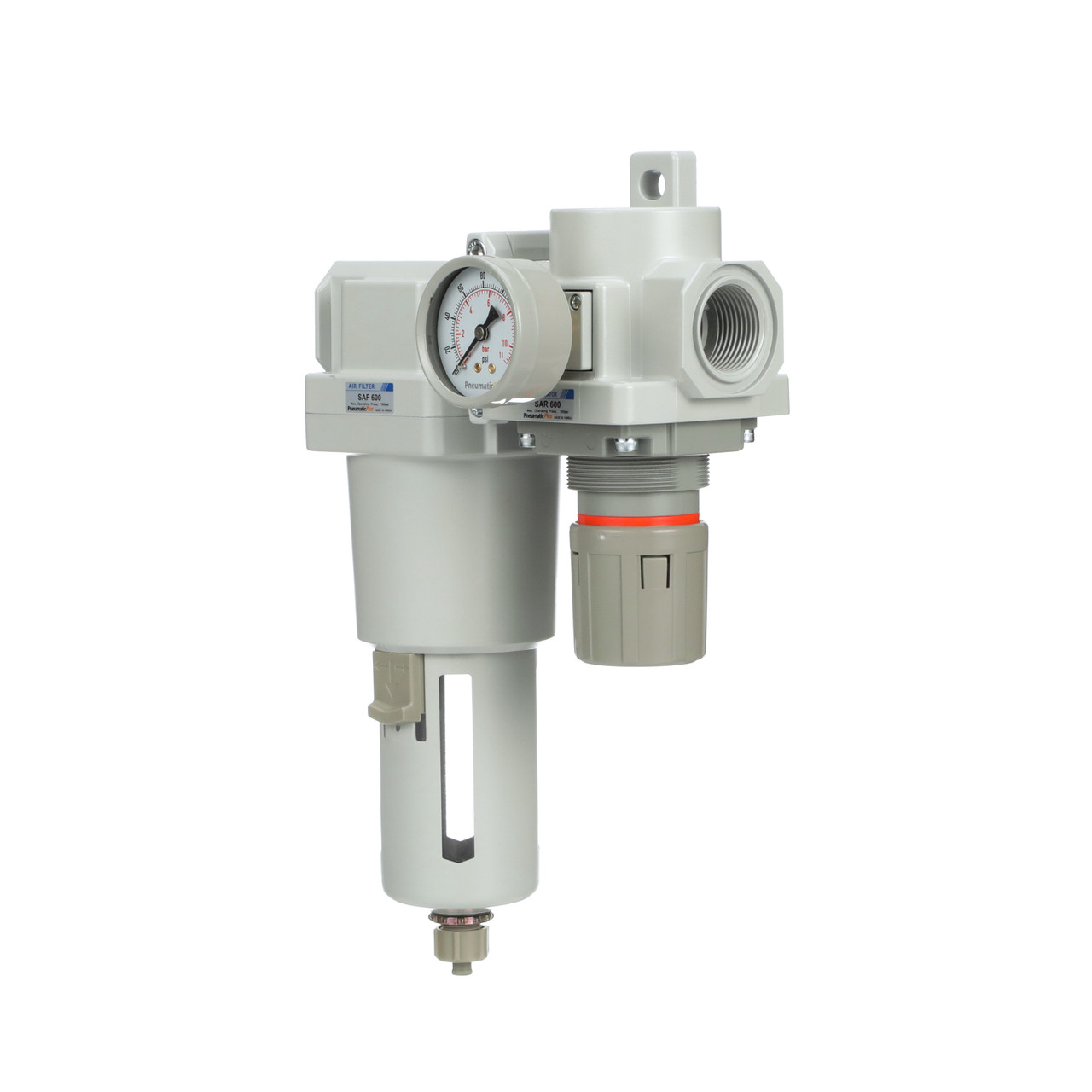 PneumaticPlus SAU420T-N06G-MEP Regolatore Filtro Aria Combinato - Attacco 3/4 NPT, Manico A T, Scartico Manuale, Ciotola In Metallo, Incluso Manometro