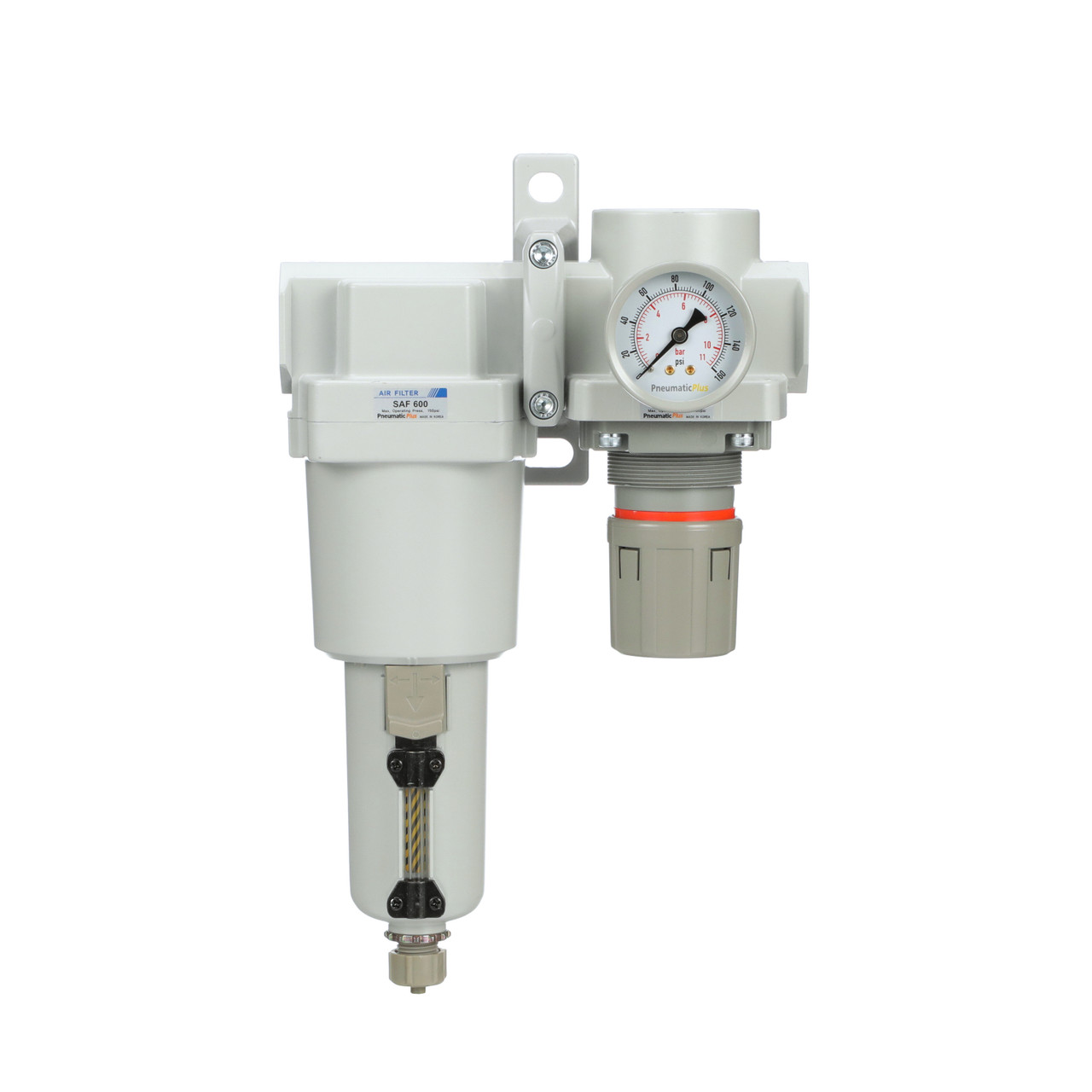 PneumaticPlus SAU420T-N06G-MEP Regolatore Filtro Aria Combinato - Attacco 3/4 NPT, Manico A T, Scartico Manuale, Ciotola In Metallo, Incluso Manometro