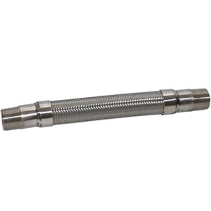 18-inch extreme temperature flexible metal hose with 321 stainless steel inner core, 304 stainless steel braid, and 1" NPT stainless steel male threads. Rated for 1,500°F and 1186 PSI.  PPHSS-1018 18-inch extreme temperature flexible metal hose with 321 stainless steel inner core, 304 stainless steel braid, and 1" NPT stainless steel male threads. Rated for 1,500°F and 1186 PSI.  PPHSS-1018