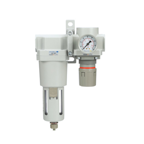 PneumaticPlus SAU620-N10G Air Filter Regulator Combo  | 1" NPT, 230 SCFM | Poly Bowl, Manual Drain | Gauge Included | Front 