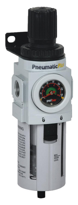 PneumaticPlus PPP4-N04BG 1/2 inch NPT piggyback air filter regulator combo, 5 micron, 172 SCFM, poly bowl, manual drain, embedded gauge

