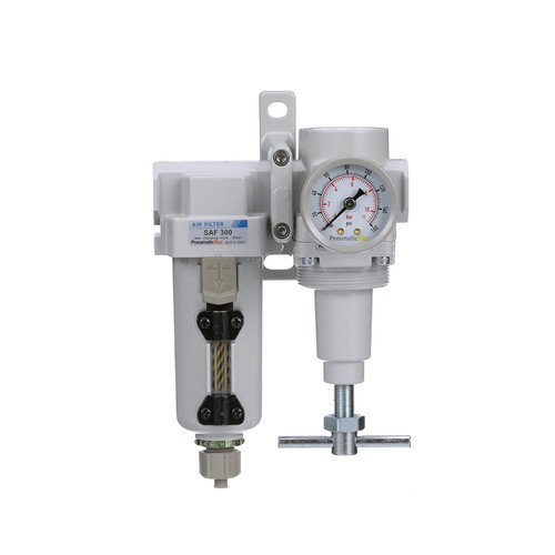 PneumaticPlus SAU320T-N03G-MEP compressed air filter regulator combo 3/8 inch NPT metal bowl manual drain - Front