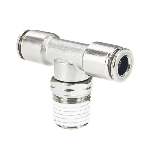 PneumaticPlus PN20 Series Metal Push-to-Connect Air Fitting – Taper Swiveling Tee – Nickel-Plated Brass Pneumatic Connector