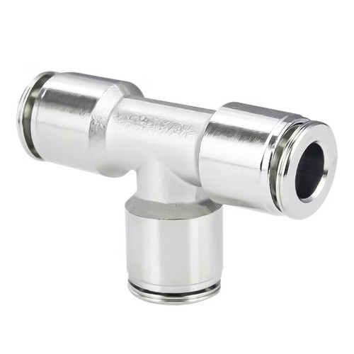 PneumaticPlus PN29 Series Metal Push-to-Connect Air Fitting – Union Tee – Nickel-Plated Brass Pneumatic Connector