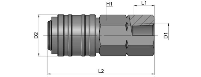 PU10-12 Female NPT quick coupler dimension reference diagram showing D1 thread size, D2, L1, L2, and H1 measurements