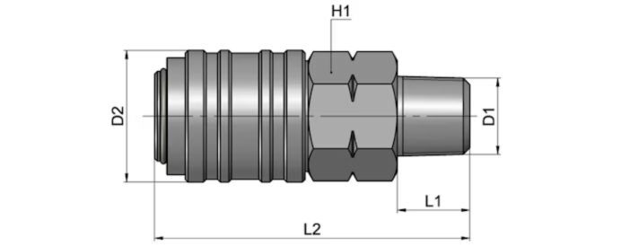 PU10-11 Male NPT quick coupler dimension reference diagram showing D1 thread size, D2, L1, L2, and H1 measurements