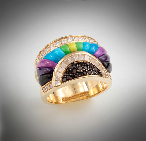 R1062 ring has 22 black diamonds weighting 18 points with a row of 17 baguettes weighting 36 points and rays of hand craved inlay stones of turquoise, lavulite, antique verde, mojave purple jasper, gaspeite, and black jade with boarders of 21 round pave' F color VS clarity diamonds weighting 30 points set in 14kt yellow gold. 