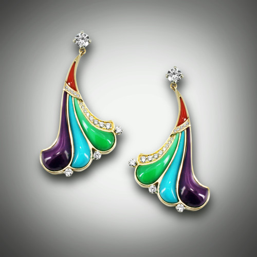 ER 131 Earrings have 1/2 carat Diamond posts each with Pavé Diamonds and hand sculpted Purple, Turquoise, Variscite and Red Coral set in 14k Yellow Gold.