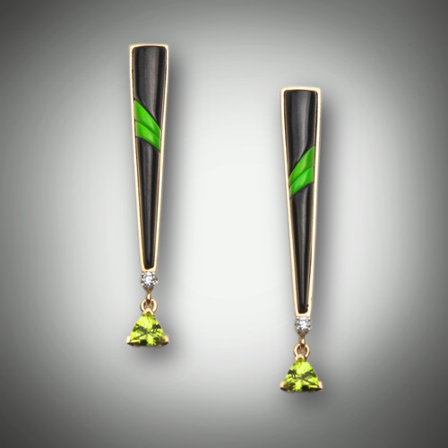 ER-193 has a 5 mm trillion cut peridot hanging from a 0.04 point F color VS clarity pave`diamond with hand carved black jade and gaspeite inlay stones all set in 14kt yellow gold. 