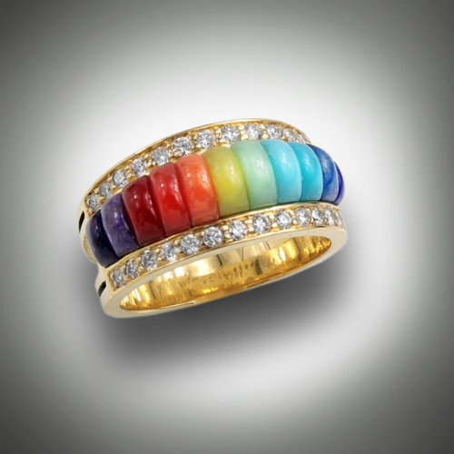 RB-3dd ring has inlay stones of lapis, turquoise, light chrysoprase, verde antique, orange coral, red coral, red jasper, light and dark sugilite with 2 rows of F/VS pave` diamonds set in 14kt yellow gold. 