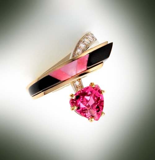 R 833 pass thru ring has 12 pave" diamonds set in 14kt white gold that passes through 14kt yellow gold with hand carved black jade, light and dark rhodonite and a 8mm trillion cut pink tourmaline stone.