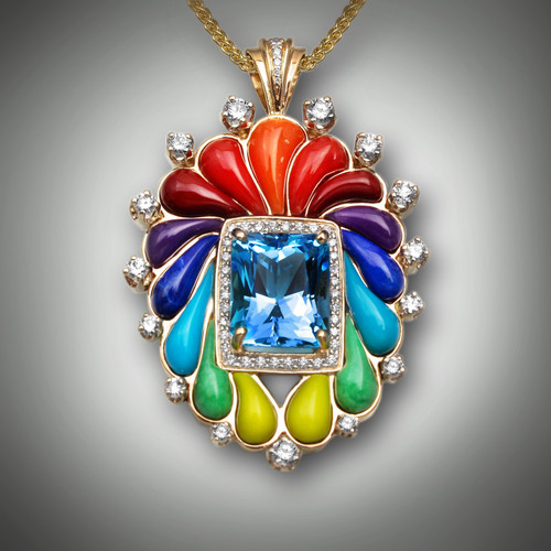 Pendant 406 has a 12mmx10 swiss blue topaz as the center stone, surrounded by 30 points of F/VS pave` diamonds, the inlay stones are orange coral, red coral, red jasper, lavulite, lapis, turquoise, variscite, and yellow turquoise.  The surrounding diamonds F/VS have a total weight of 110points set in 15.2 grams of 14kt yellow gold, with a bail of 5 points pave` diamonds.