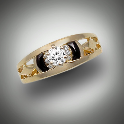 R 274 is pictured with a .25 point diamond and 6 pave` diamonds with hand carved black jade set in 14kt yellow gold.  We can set it with your diamond or help you find the right diamond for you. 