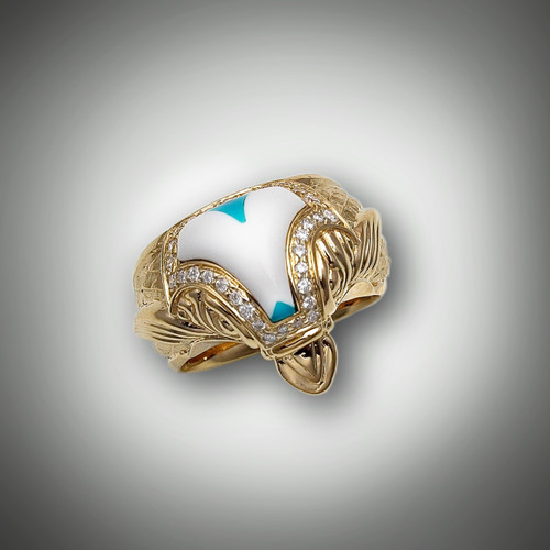 R 160 Phoenix bird is hand carved 14kt yellow gold with 54 points F/VS pave` diamonds with hand carved lapis, turquoise and pristine.