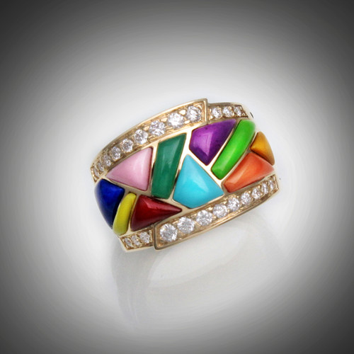 R 1160 has inlay pieces of red coral, orange coral, lapis, turquoise, gaspeite, pink rhodonite, sugilite, yellow turquoise, yellow jasper, and chrysoprase with two borders of 26 pave F/VS diamonds total of 56 points set in 8.32 grams 14kt yellow gold.