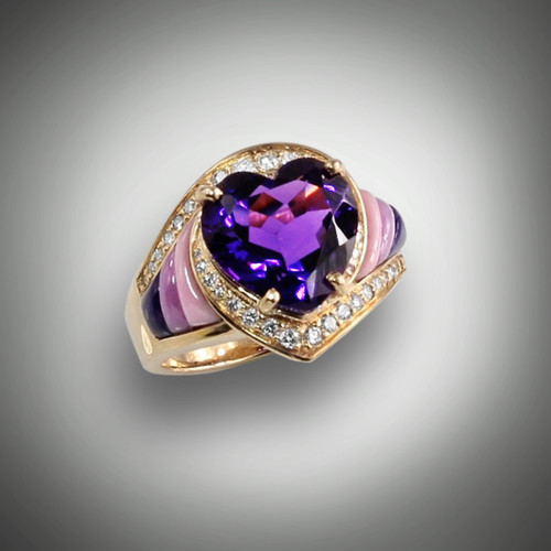 A purple Heart ! Centered by a sizzling Amethyst Heart, surrounded by fine white pave' set Diamonds with Lavulite, Phosphosiderite, and Pink  Rhodinite,