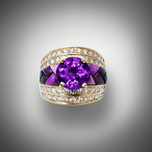 R-1034 Purple Passion Ring featuring a 10mm Round Amethyst with 52 pave diamonds 1.40 tcw and 8 pcs Sugilite and Black Jade.