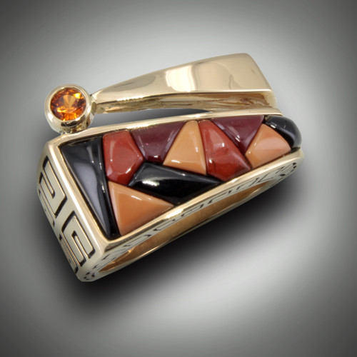 R-825 With an approx. .07 pt Mandarin Garnet inlayed with Black Jade, Red, Orange and Maroon Jaspers set in 14k Yellow Gold.