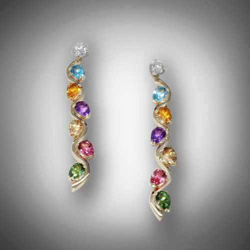 ER PND-426 With pear shaped Blue Topaz, Dark Citrine, Amethyst, Champagne Citrine, Pink Tourmaline, Green Tourmaline and a .5 ct Renzite.