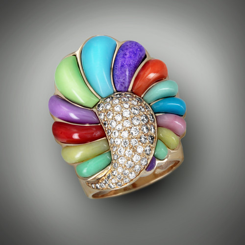 RB 74 Multicolor has Pavé Diamonds and Hand Sculpted Variscite, Verde Antique, Red Coral, Phosphosiderite, Gaspeite, Turquoise, Sugilite, Orange Coral and Pink Rhodonite. Set in 14k Yellow Gold