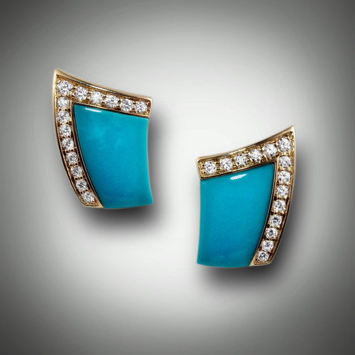 Turquoise inlay with 28 pave' F-VS diamond boarder of 0.60pts.  Earrings are set in 14kt yellow gold.  Available in different colors.