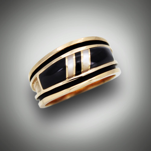 RB 3pp has Black Jade and Mother of Pearl provide the distinction and contrast set in 14kt yellow gold.