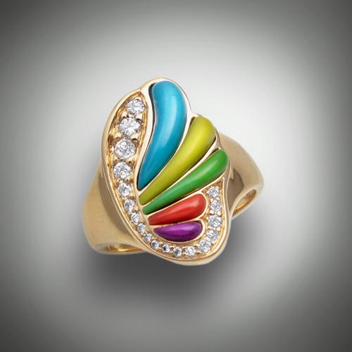 R 710 has hand carved turquoise, verde antique, gaspeite, orange coral and mojave purple turquoise with 38 points F/VS diamonds set in 14kt yellow gold. 