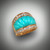 Seven pieces of Sleeping Beauty Turquoise create a wide band of color. This
14 Kt yellow gold ring is framed by twenty-two pave' set Diamonds on top and bottom
(total weight 1.00 ct F/G color, VS+ clarity). Measuring almost 3/4 inch across at the
top and tapering to a 1/4 inch at the back, this band is both comfortable and striking !!