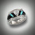 R 801 center stone is a 6mm trillion cut renzite with 18 points of F/VS pave` diamonds hand carved pieces of turquoise and black jade inlay set in 14kt white gold.