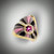 R-559 ring has a 5.5mm purple sapphire as the center stone surrounded by 14 round pave` F color VS clarity diamonds, has 6 baguettes of F/VS diamonds with rays of hand carved black jade, rhodonite, and grey jasper, set in 14kt yellow gold. 
Side view