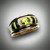 R689 Men's ring has a 8mm peridot center stone surrounded by 8 round F color VS clarity pave` diamonds with 4 hand carved pieces of black jade and 2 pieces of gaspeite as inlay set in 14kt yellow gold.