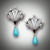 ER-211 earrings are set in 14 kt yellow gold with mother of pearl inlay with 40 points of F color VS clarity pave diamonds with a tear drop of turquoise.