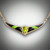 Pnd 414 has a 3.73ct pear shaped peridot stone surround by .46 points of round F color VS clarity pave` diamonds with hand carved black jade and gaspeite inlay with 2mm double linked chain set in 14kt yellow gold. Total length is 19 inches.
