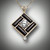 Pendant 238 has a center stone 8.5mm renzite with a 10 point F/VS diamond on the bottom the inlay stone is hand carved black jade and it is set in 14 karat yellow gold.