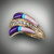 R 237D Has .37ct F/VS pavé diamonds inlaid with Sugilite, Turquoise and Pink Rhodonite set in 4.5 gr of 14k yellow gold.