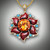 Pnd 353 has a 12.5mm round citrine stone with pedals of hand carved black jade and maroon jasper inlay stones, with 6 - 3mm blue topaz and 12 - 2mm pave` F/VS diamonds and 3 diamond bail all set in 14kt yellow gold. 