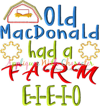 Old McDonald Had a Farm Nursery Rhyme ZZ Outline Stitch Applique Design
