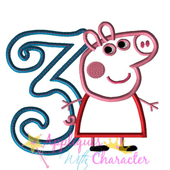 Peppa Pig Curly Number THREE Applique Design